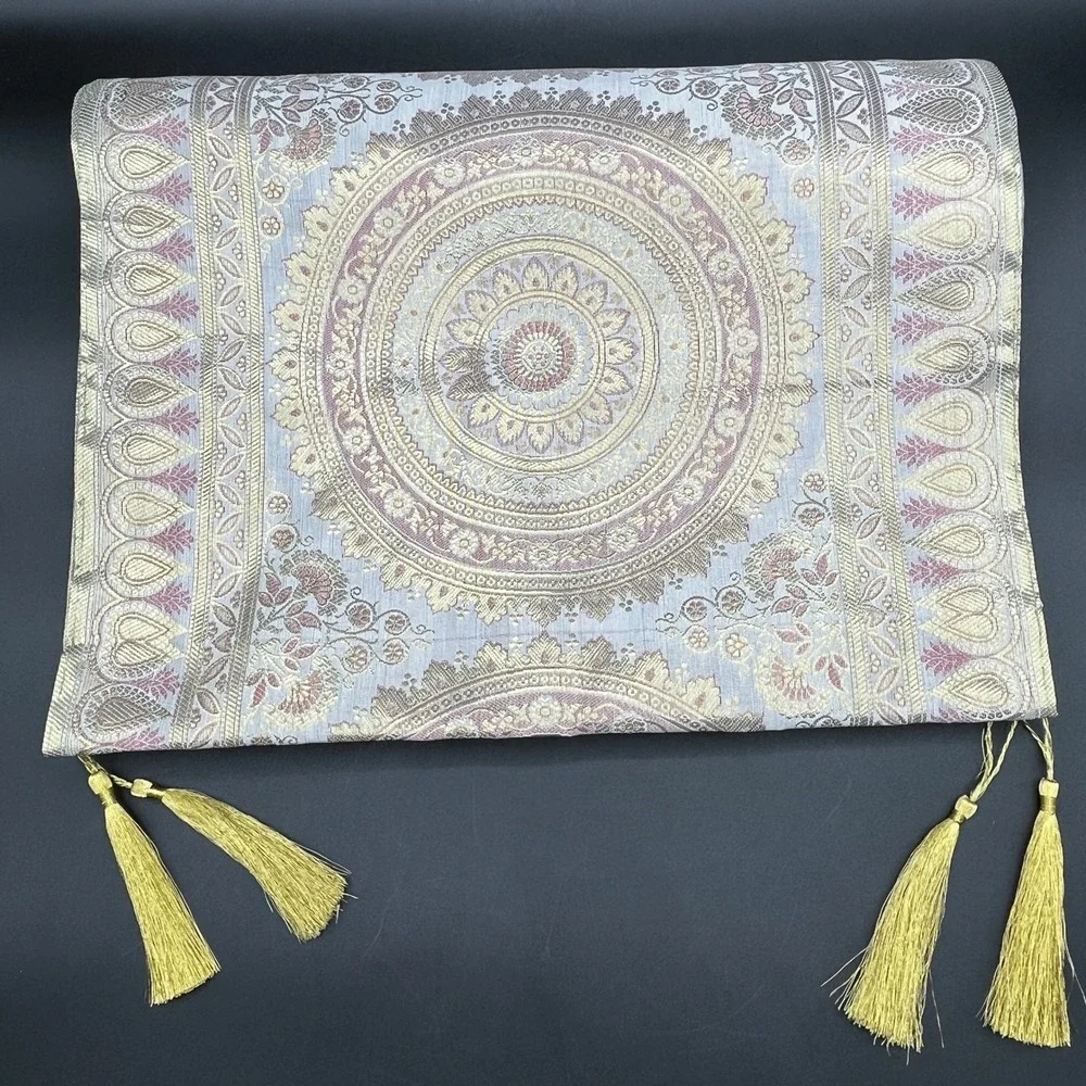 Banarsi Designs Gold Grey Mandala Brocade Silk Table Runner Tassels New 16